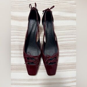 J. Crew Burgundy Patent Square-Toe Ballet Heels with Bow